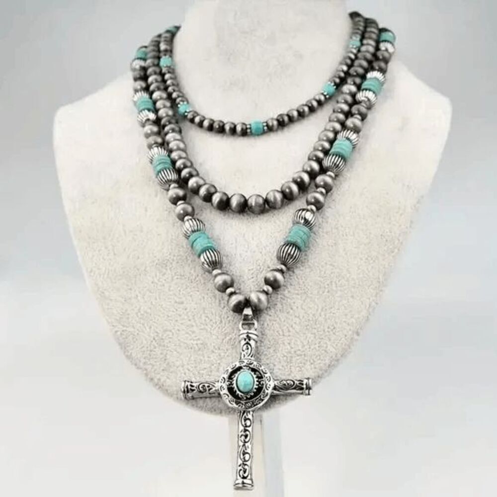 Western Turquoise Beaded Statement Cross Pendant Necklace - 3 Piece